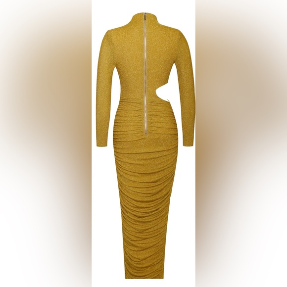 Gold Long Sleeve Metallic Jersey Cutout Dress - Picture 5 of 6